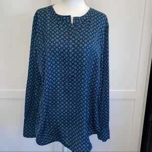 J. Crew Silky Blue Green Print Long Sleeve Popover Blouse